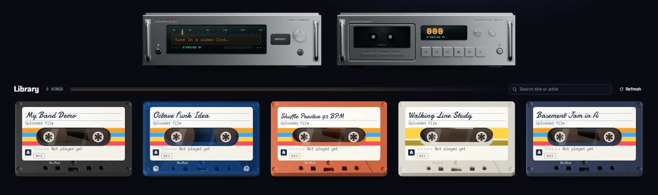 Song library: a shelf of cassettes in different colors under the import rack