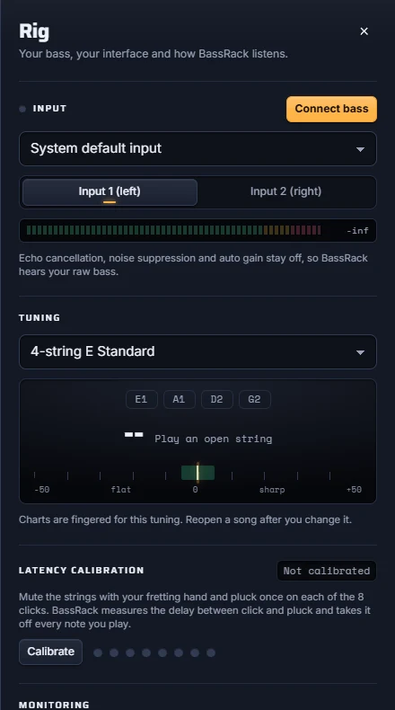 Rig panel with input, tuner and latency calibration