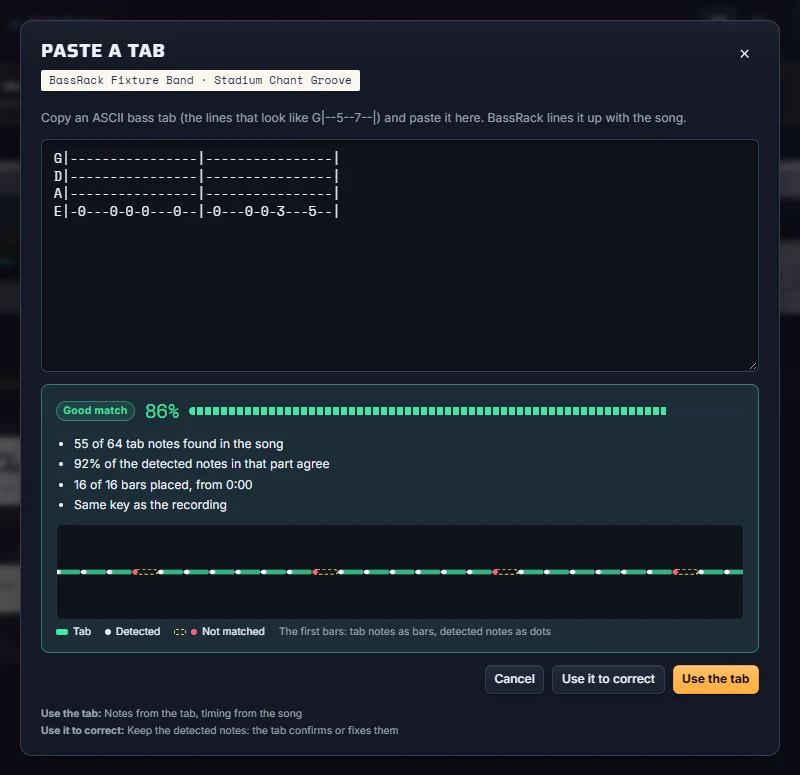 The paste-a-tab dialog with a pasted bass tab and its match report